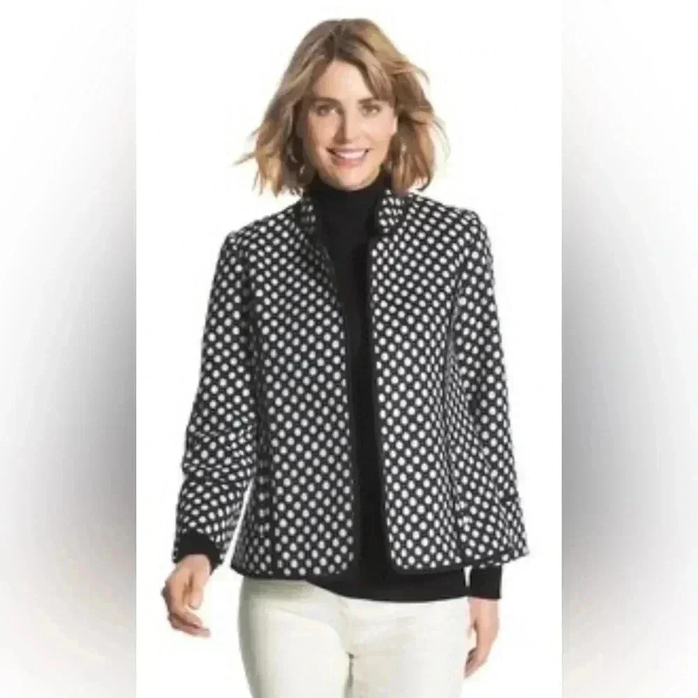 Chicos Polka Dot Plush Jacket Open Front Pockets Black White Collared - Picture 2 of 14